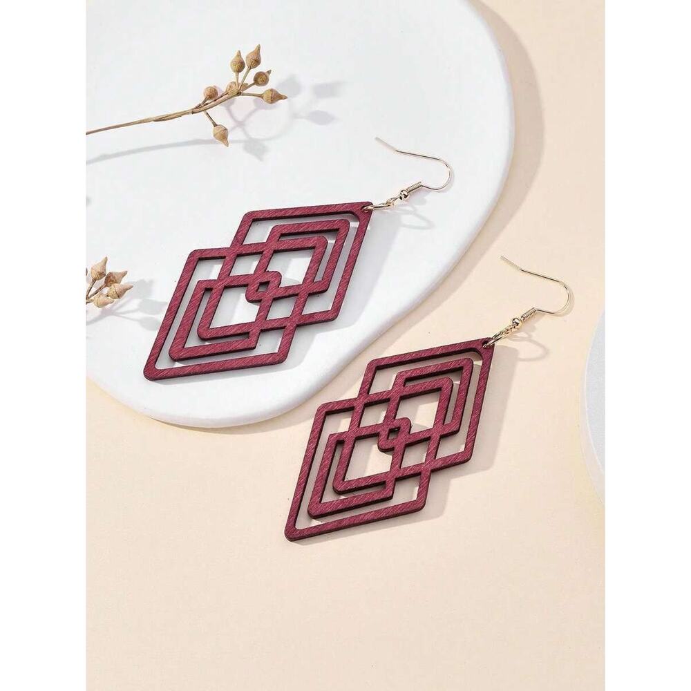Handmade Boho Geometric Cutout Lightweight Wooden Statement Drop Earrings - Red
